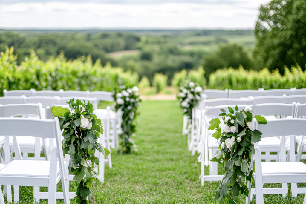 A wedding ceremony is taking place in a lush green field with white chairs and floral decorations. The chairs are arranged in rows, and the guests are seated, waiting for the ceremony to begin
