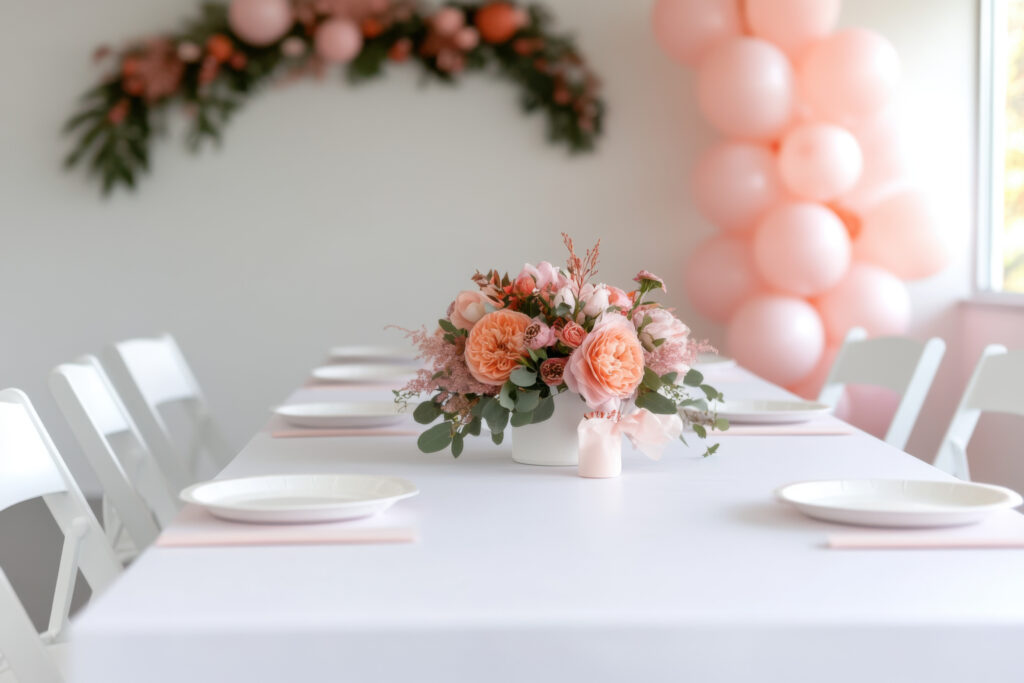 Elegant table setting with pink floral centerpiece, balloons, and white chairs, creating a festive atmosphere for a special occasion